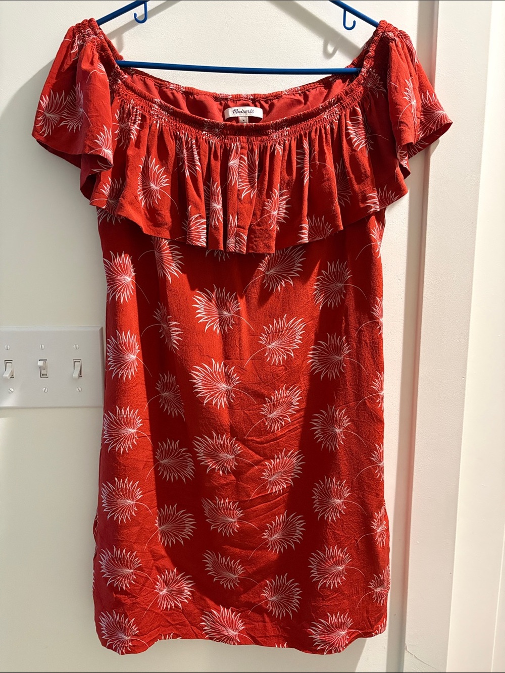 Madewell Red Off-Shoulder Floral Ruffle Tunic Dress